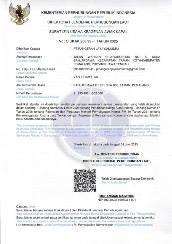 SIUKAK Permit PT Pangeran Jaya Samudra